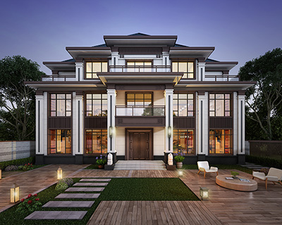 三層中式別墅設(shè)計圖紙及效果圖大全BZ3741-新中式風(fēng)格